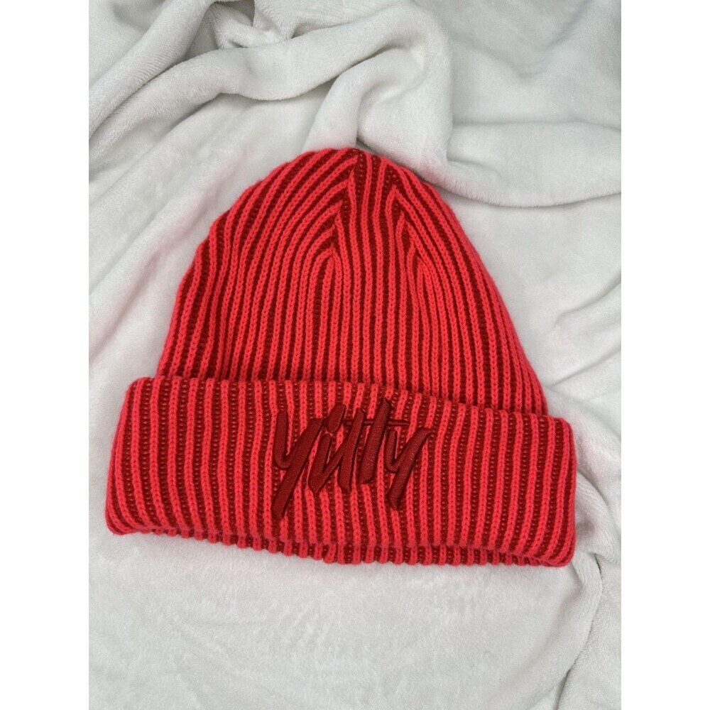 Yitty Hat Cap Beanie OS Red Ribbed Knit Embroidered Logo Womens One Size Acrylic